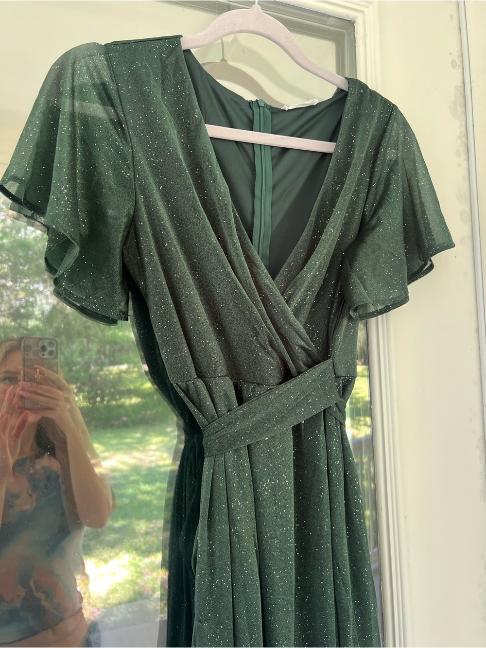 Elegant Forest Green Flutter Sleeve Sparkle Wrap Dress